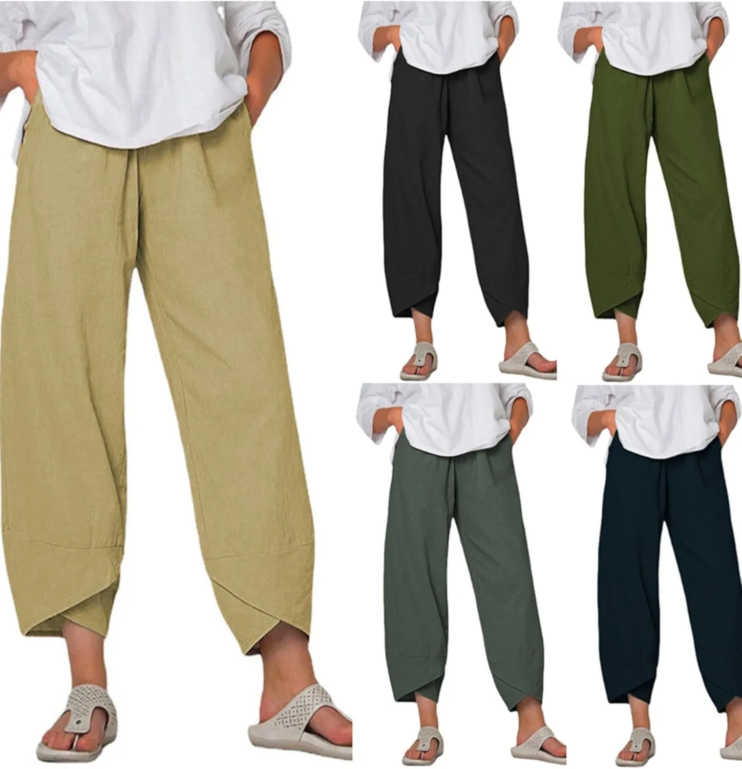 GRASWE Women Wide Leg High Waist Lounge Pants Cropped Solid Color Palazzo Trousers Loose Cotton Linen with Pockets Pants