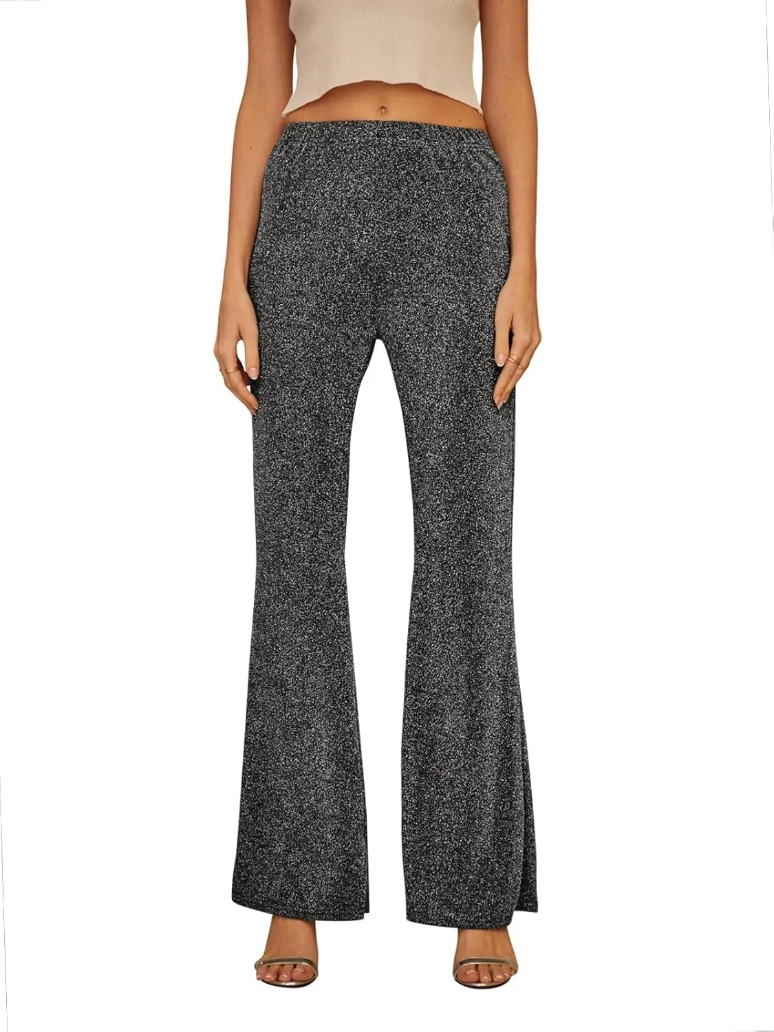 GUOLEZEEV Bell Bottom Pants for Women Elastic Waist Sequin Pants Sparkly Bottoms