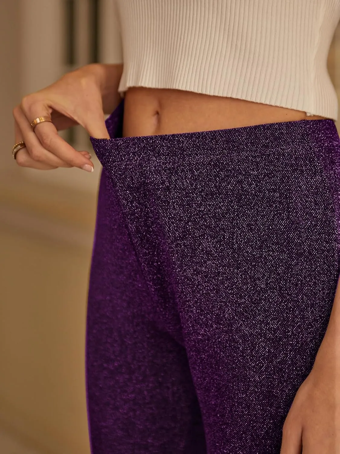 GUOLEZEEV Bell Bottom Pants for Women Elastic Waist Sequin Pants Sparkly Bottoms