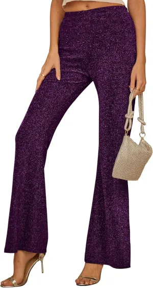 GUOLEZEEV Bell Bottom Pants for Women Elastic Waist Sequin Pants Sparkly Bottoms