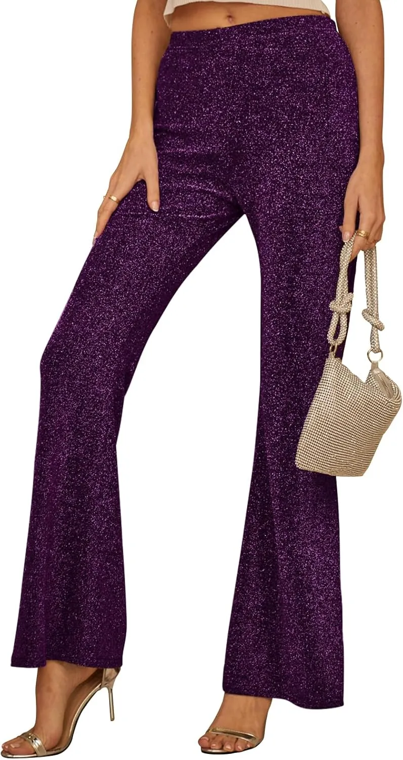GUOLEZEEV Bell Bottom Pants for Women Elastic Waist Sequin Pants Sparkly Bottoms
