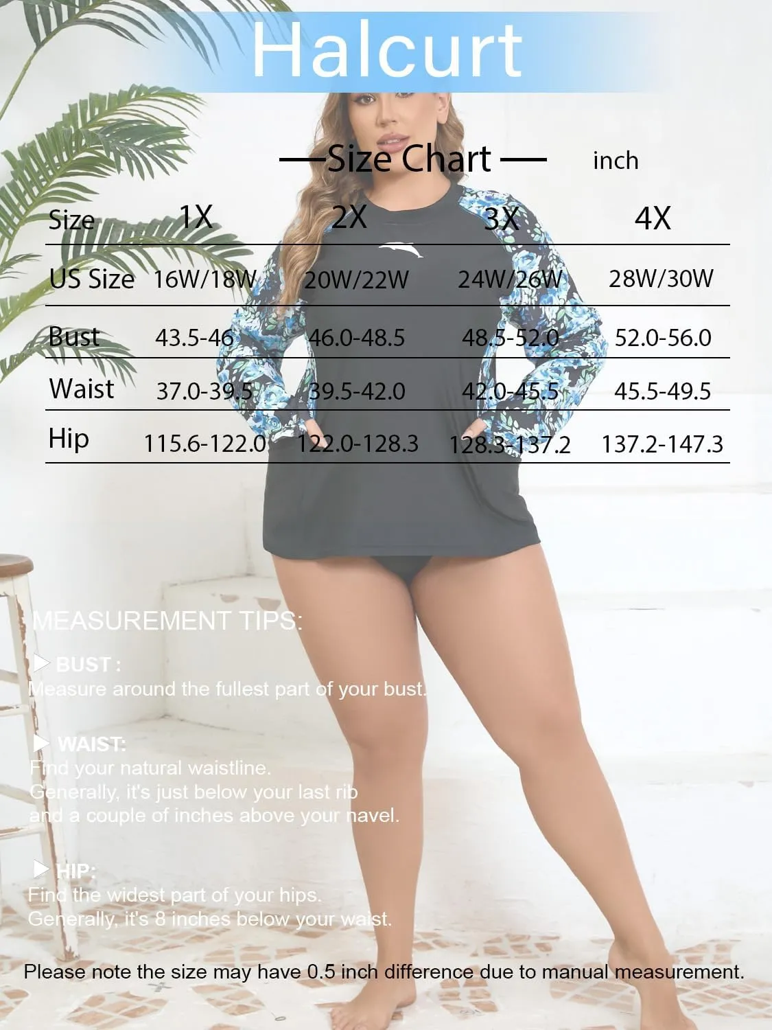 Halcurt Women Plus Size Rash Guard with Bra Pockets Half Zip Side Drawstring Adjustable UPF50 Swim Shirt