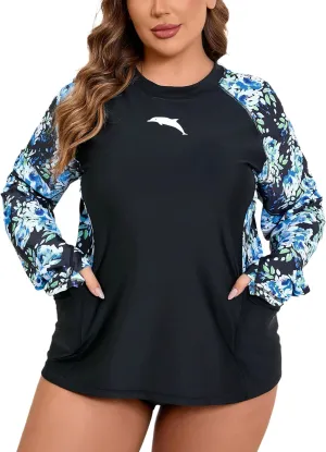 Halcurt Women Plus Size Rash Guard with Bra Pockets Half Zip Side Drawstring Adjustable UPF50 Swim Shirt