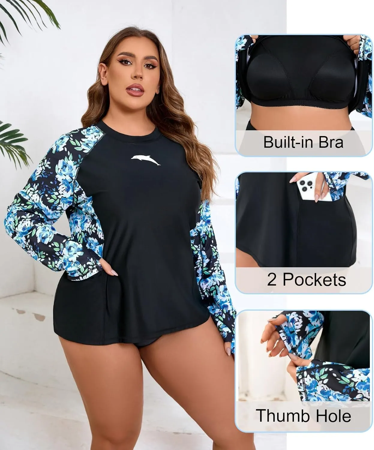 Halcurt Women Plus Size Rash Guard with Bra Pockets Half Zip Side Drawstring Adjustable UPF50 Swim Shirt