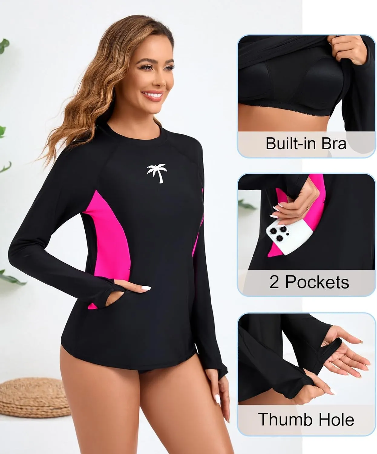 Halcurt Women Swim Shirt with Built in Bra Rash Guard with Pockets Thumb Hole Swimsuit Top