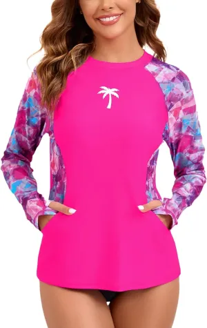 Halcurt Women Swim Shirt with Built in Bra Rash Guard with Pockets Thumb Hole Swimsuit Top