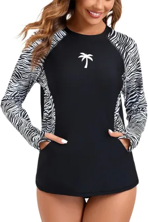 Halcurt Women Swim Shirt with Built in Bra Rash Guard with Pockets Thumb Hole Swimsuit Top