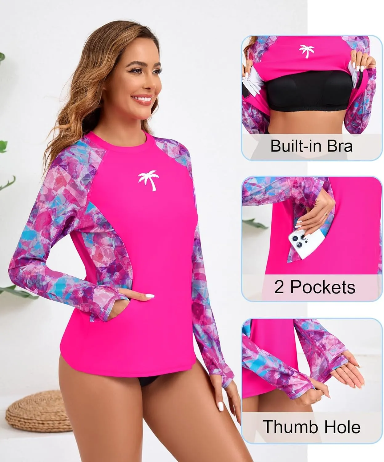 Halcurt Women Swim Shirt with Built in Bra Rash Guard with Pockets Thumb Hole Swimsuit Top