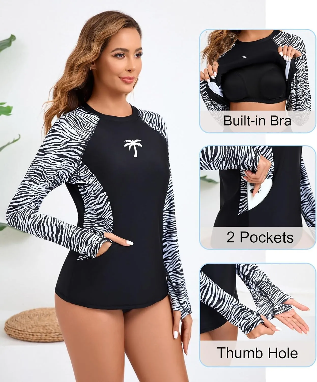 Halcurt Women Swim Shirt with Built in Bra Rash Guard with Pockets Thumb Hole Swimsuit Top