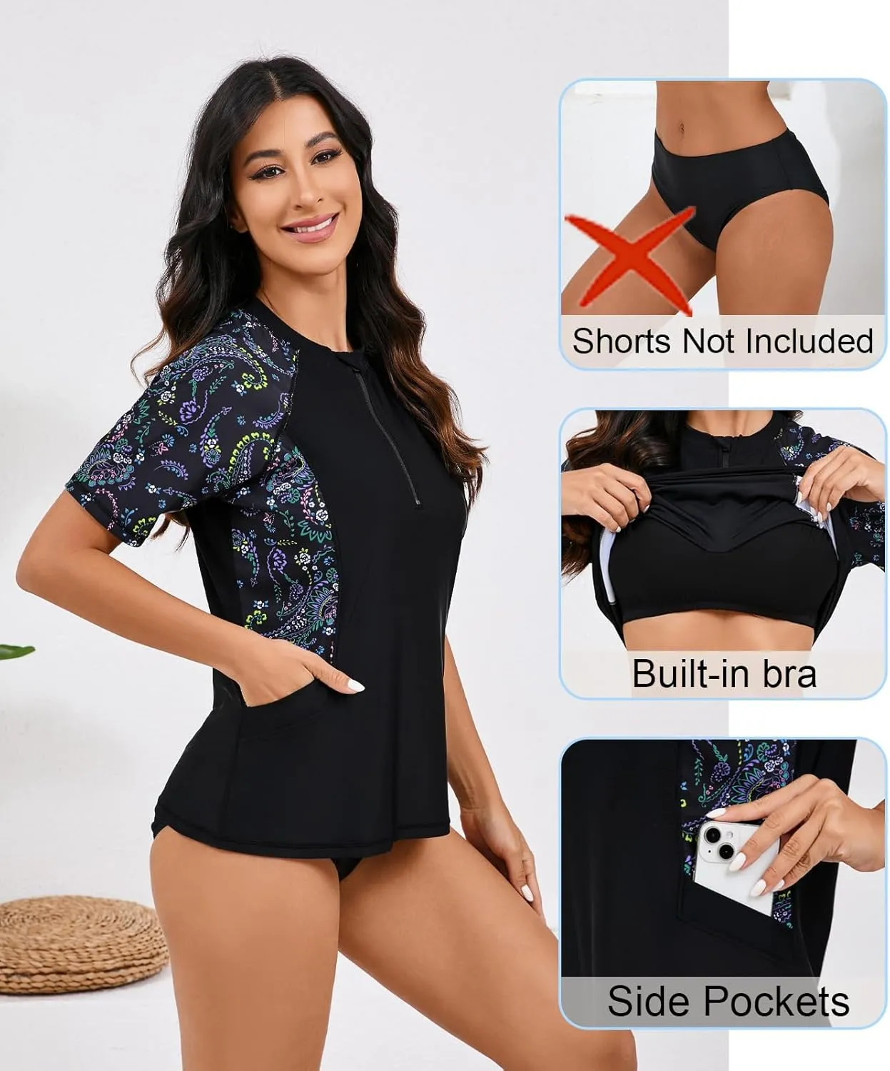 Halcurt Women's Half Zip Short Sleeve Rash Guard Top with Bra Side Pockets Swim Shirts UPF50  Swimsuit