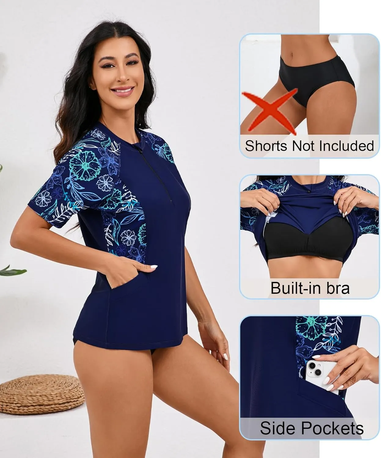 Halcurt Women's Half Zip Short Sleeve Rash Guard Top with Bra Side Pockets Swim Shirts UPF50  Swimsuit