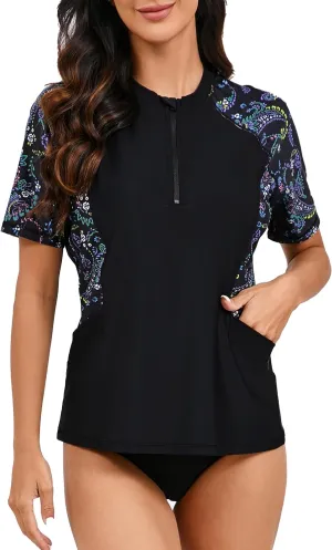 Halcurt Women's Half Zip Short Sleeve Rash Guard Top with Bra Side Pockets Swim Shirts UPF50  Swimsuit