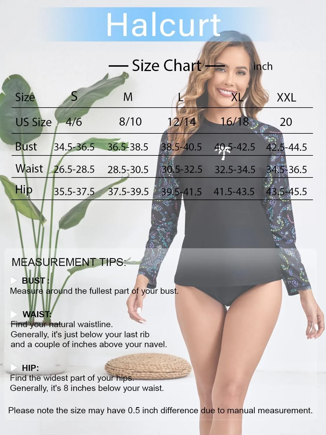 Halcurt Women's Long Sleeve Rash Guard Swim Top UPF50  SPF Sun Protection Swimsuit Quick Dry Bathing Suit