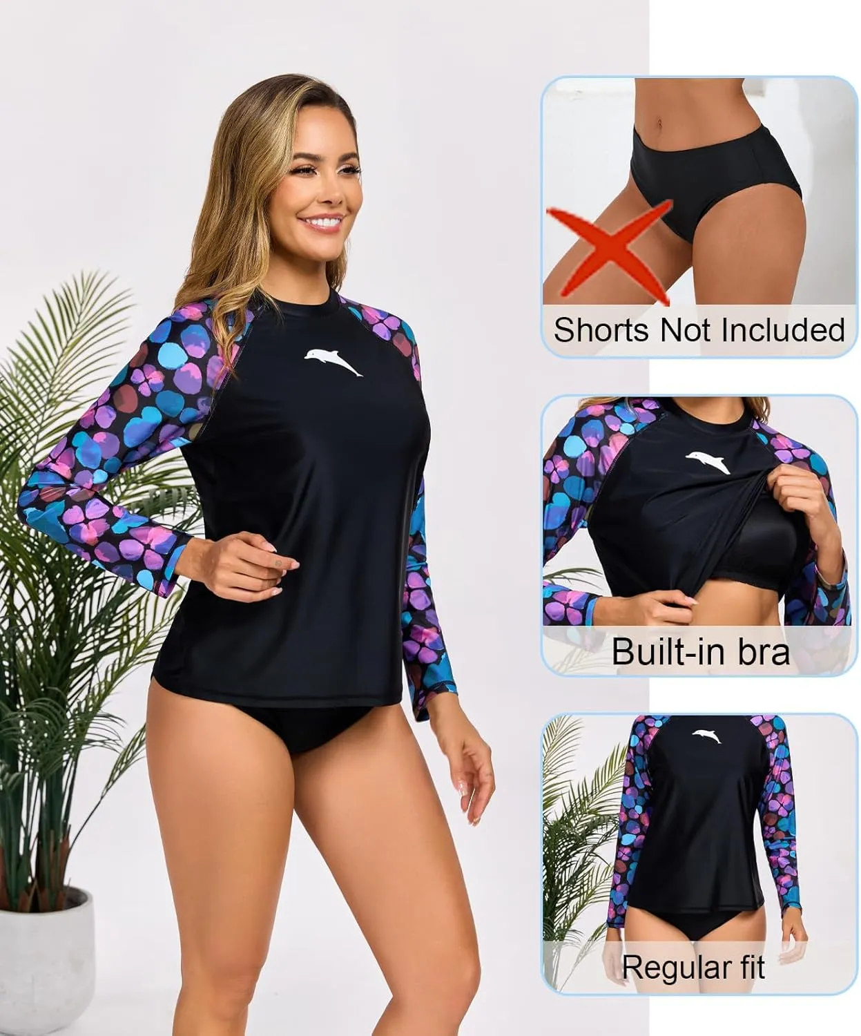 Halcurt Womens Long Sleeve Rash Guard Swim Top with Built in Bra UPF50  Sun Protection Swim Shirts Quick Dry Swimsuit