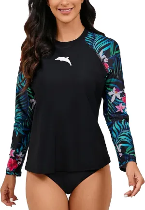 Halcurt Womens Long Sleeve Rash Guard Swim Top with Built in Bra UPF50  Sun Protection Swim Shirts Quick Dry Swimsuit