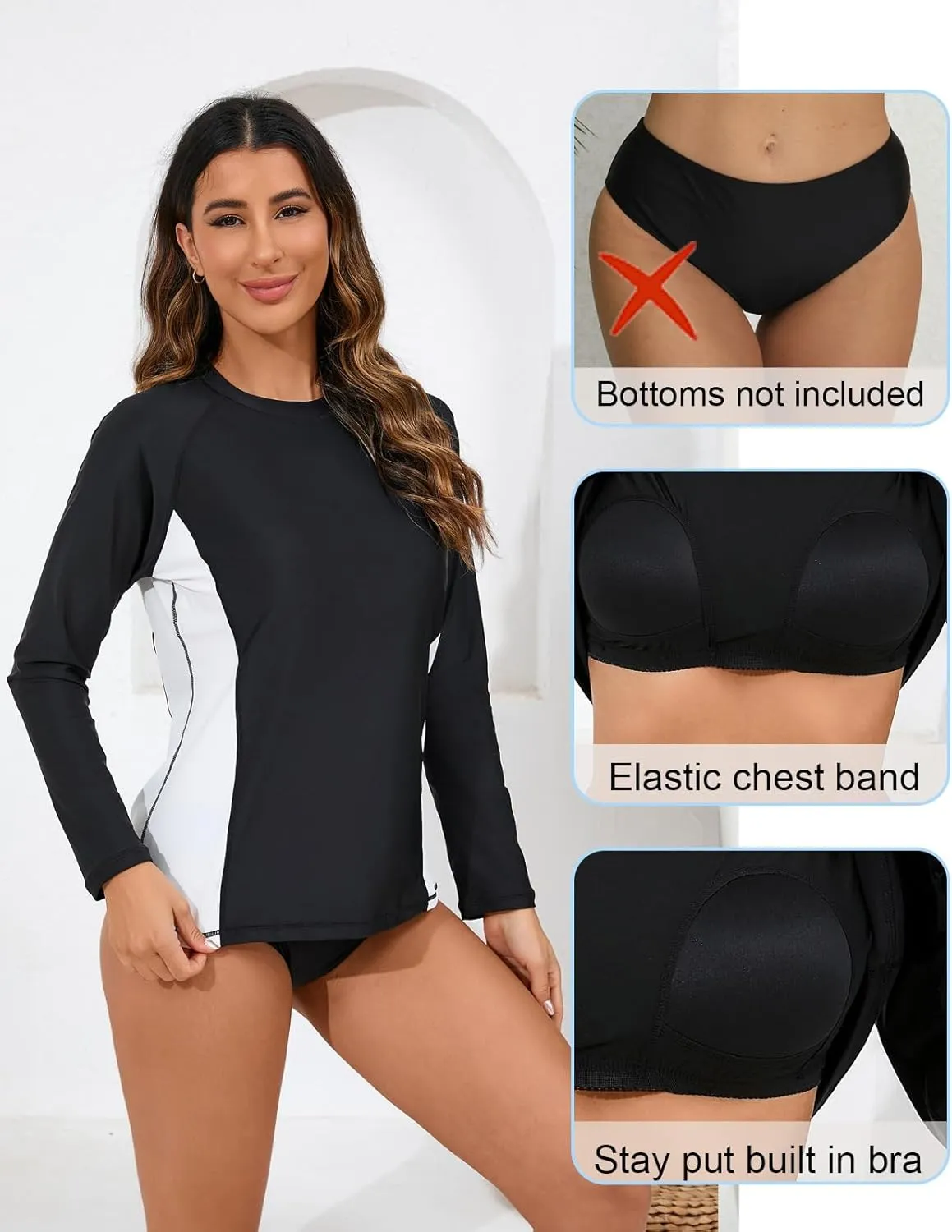 Halcurt Womens Long Sleeve Rash Guard Swim Top with Built in Bra UPF50  Sun Protection Swim Shirts Quick Dry Swimsuit