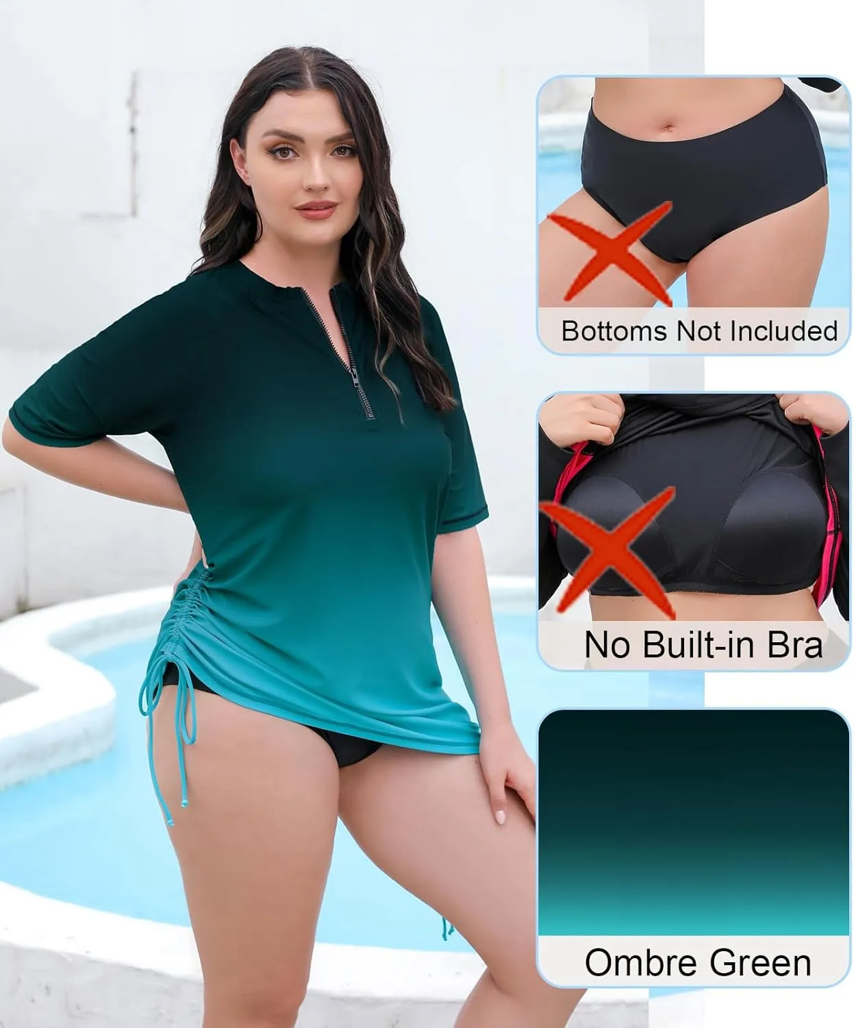 Halcurt Women's Plus Size Half Zip Short Sleeve Rash Guard Swim Top Drawstring Swim Shirt UPF50  Swimsuit