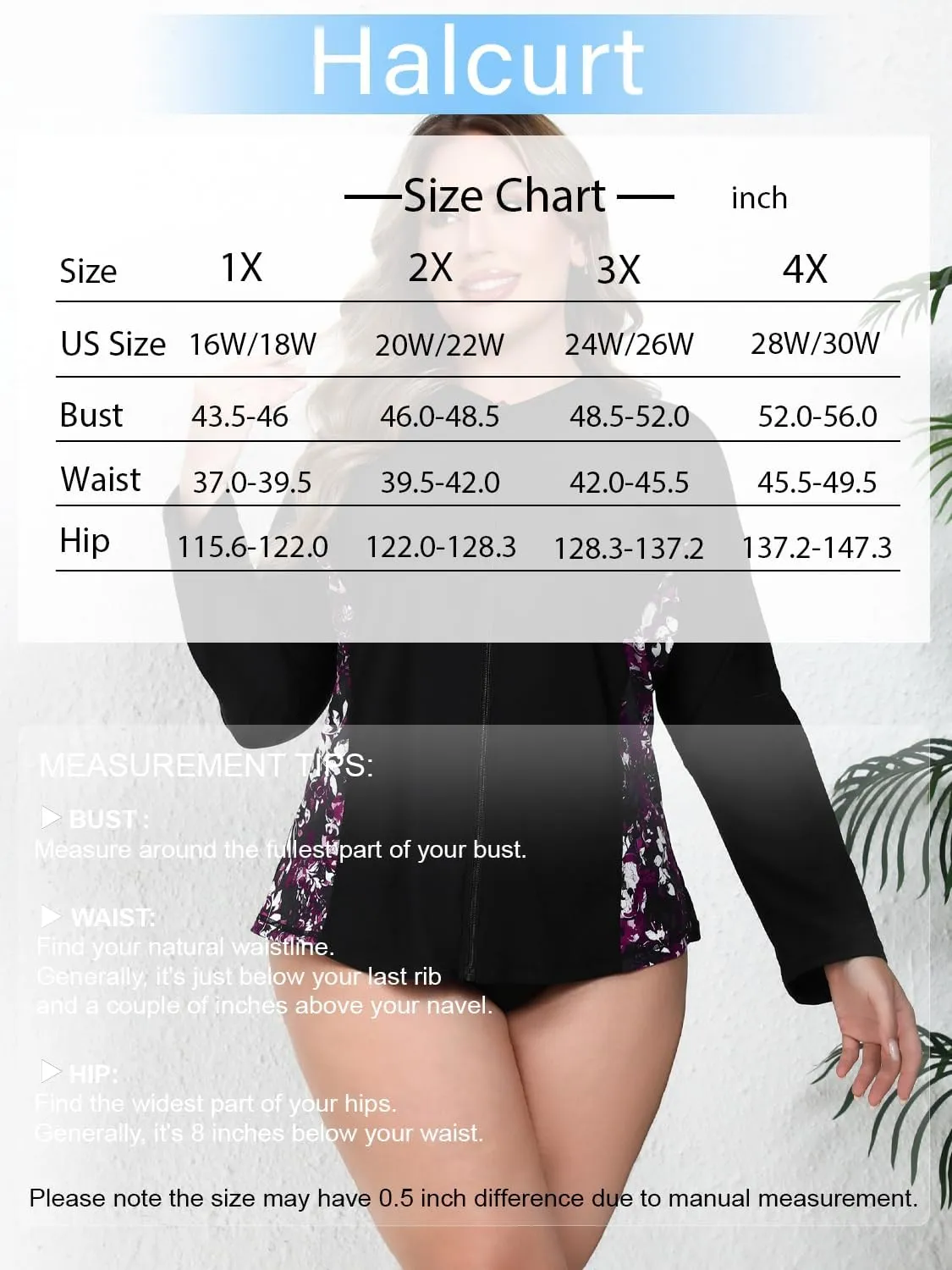 Halcurt Women's Plus Size Long Sleeve Rash Guard Shirts Full Zip Swim Top UPF50  Loose Fit Quick Dry Swimsuit