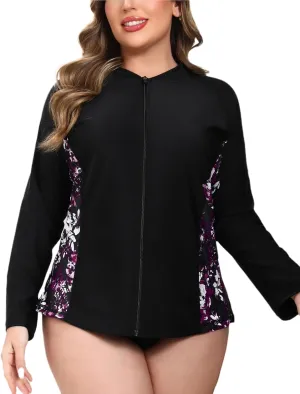 Halcurt Women's Plus Size Long Sleeve Rash Guard Shirts Full Zip Swim Top UPF50  Loose Fit Quick Dry Swimsuit