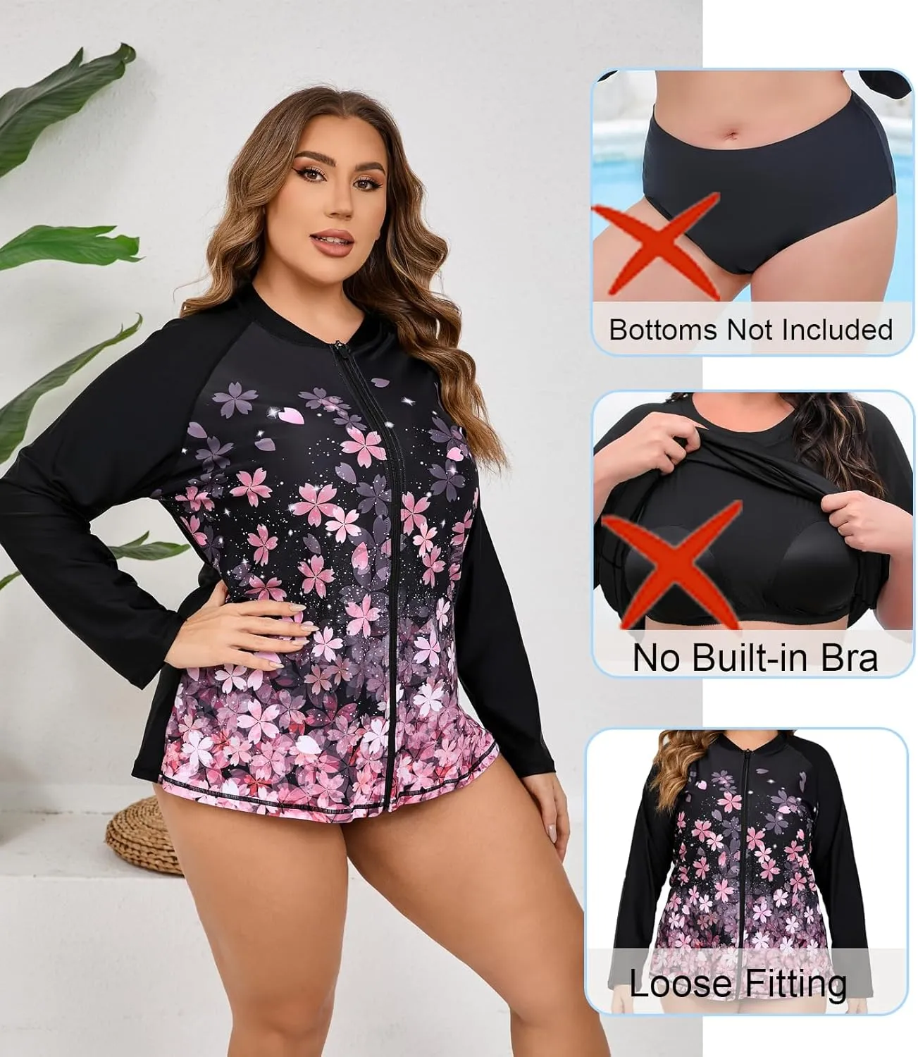 Halcurt Women's Plus Size Long Sleeve Rash Guard Shirts Full Zip Swim Top UPF50  Loose Fit Quick Dry Swimsuit
