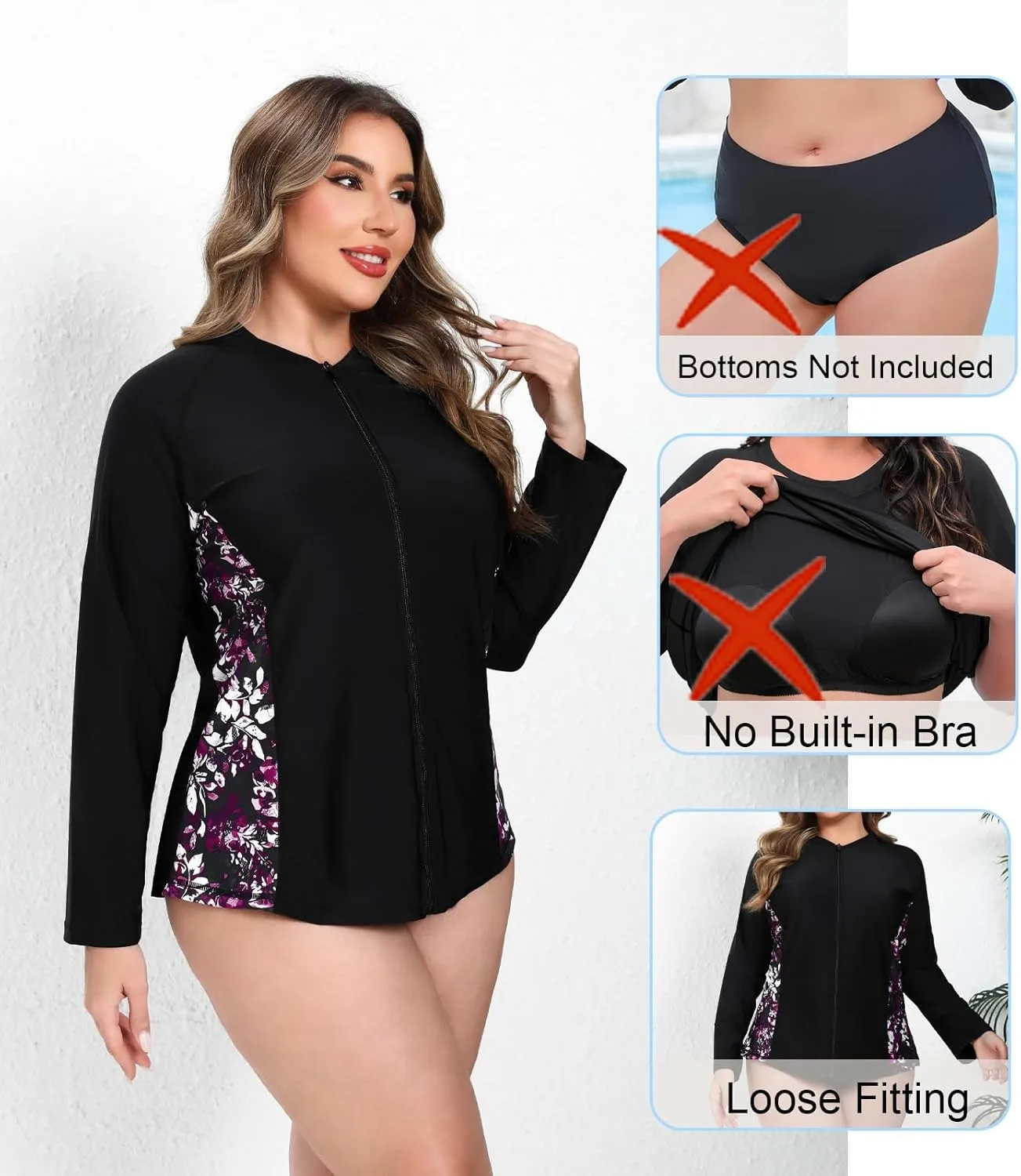 Halcurt Women's Plus Size Long Sleeve Rash Guard Shirts Full Zip Swim Top UPF50  Loose Fit Quick Dry Swimsuit