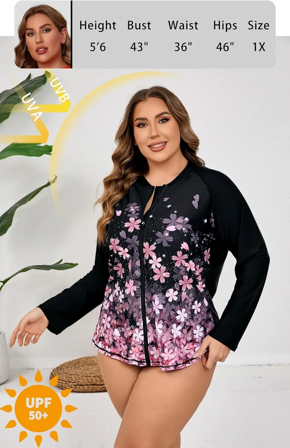 Halcurt Women's Plus Size Long Sleeve Rash Guard Shirts Full Zip Swim Top UPF50  Loose Fit Quick Dry Swimsuit