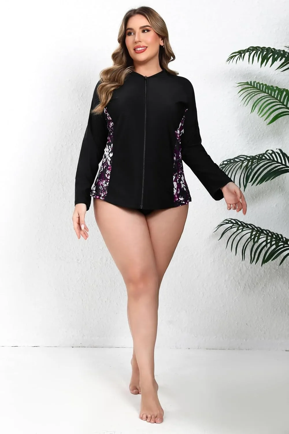 Halcurt Women's Plus Size Long Sleeve Rash Guard Shirts Full Zip Swim Top UPF50  Loose Fit Quick Dry Swimsuit