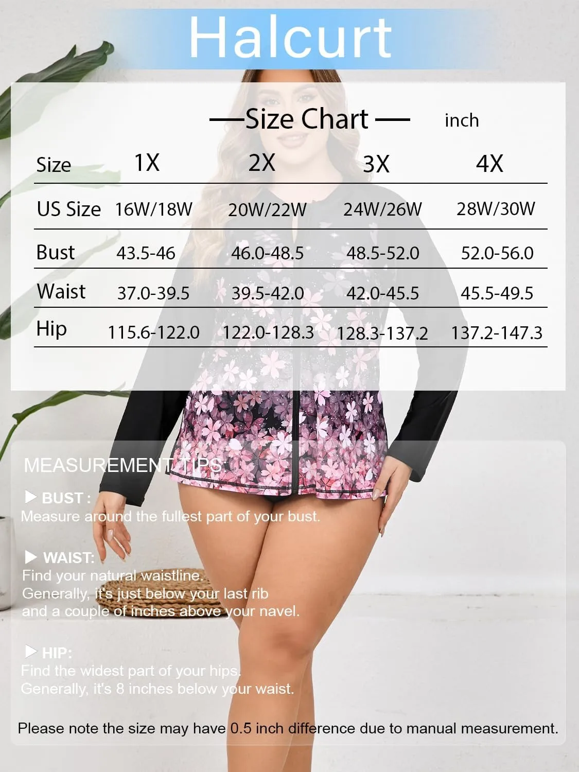 Halcurt Women's Plus Size Long Sleeve Rash Guard Shirts Full Zip Swim Top UPF50  Loose Fit Quick Dry Swimsuit