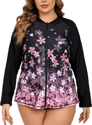 Halcurt Women's Plus Size Long Sleeve Rash Guard Shirts Full Zip Swim Top UPF50  Loose Fit Quick Dry Swimsuit