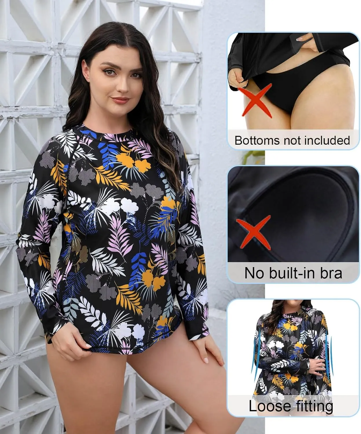 Halcurt Women's Plus Size Long Sleeve Rash Guard Shirts Swim Top UPF50  Sun Protection Loose Fit Quick Dry Swimsuit
