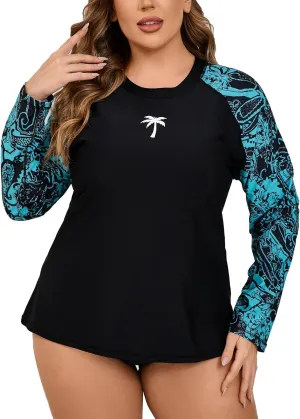 Halcurt Womens Plus Size Long Sleeve Rash Guard Swim Top with Built in Bra Loose Fit UPF50  Sun Protection Swimsuit