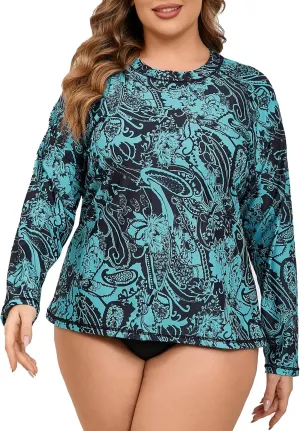 Halcurt Womens Plus Size Long Sleeve Rash Guard Swim Top with Built in Bra Loose Fit UPF50  Sun Protection Swimsuit