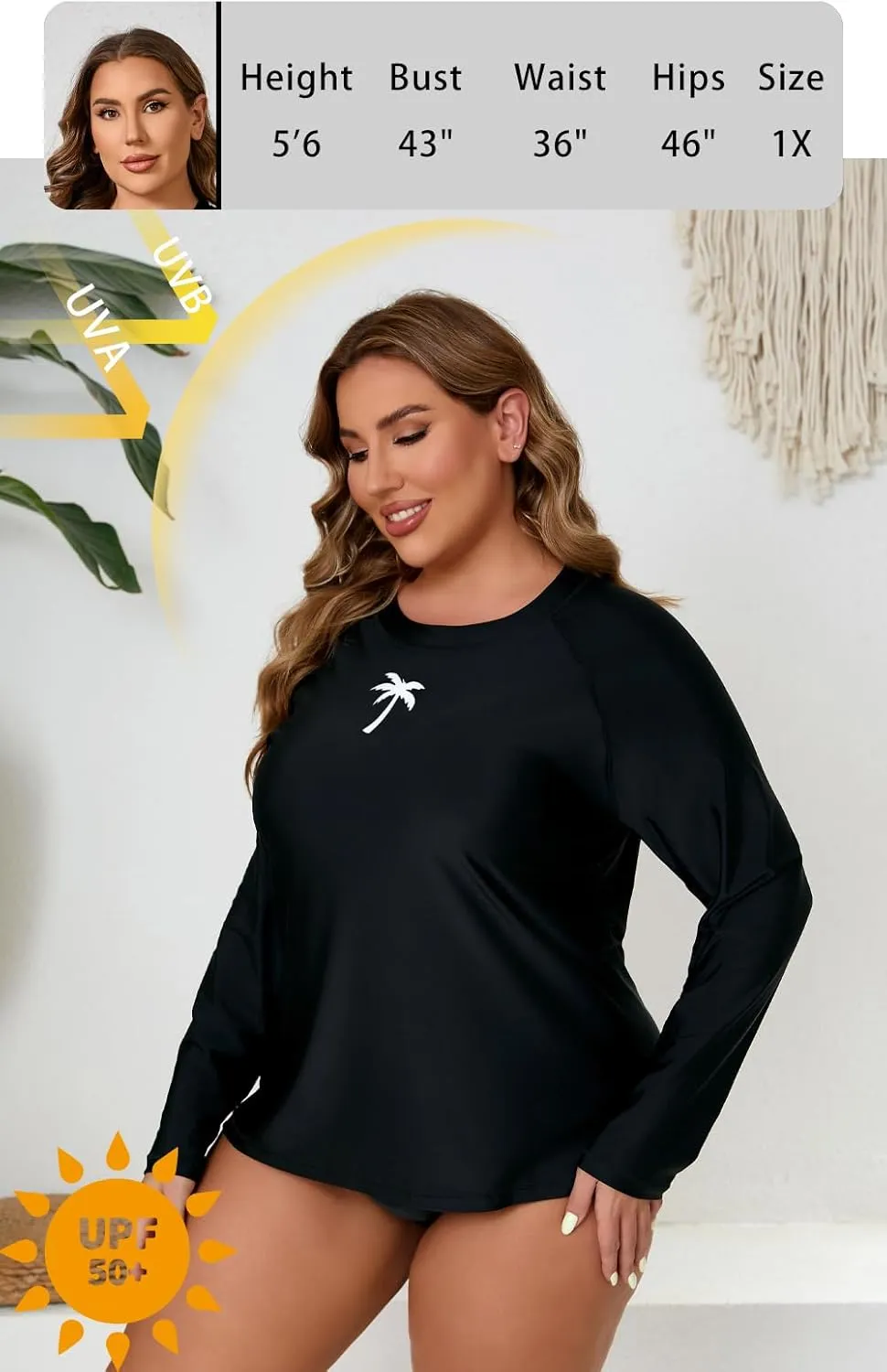 Halcurt Womens Plus Size Long Sleeve Rash Guard Swim Top with Built in Bra Loose Fit UPF50  Sun Protection Swimsuit