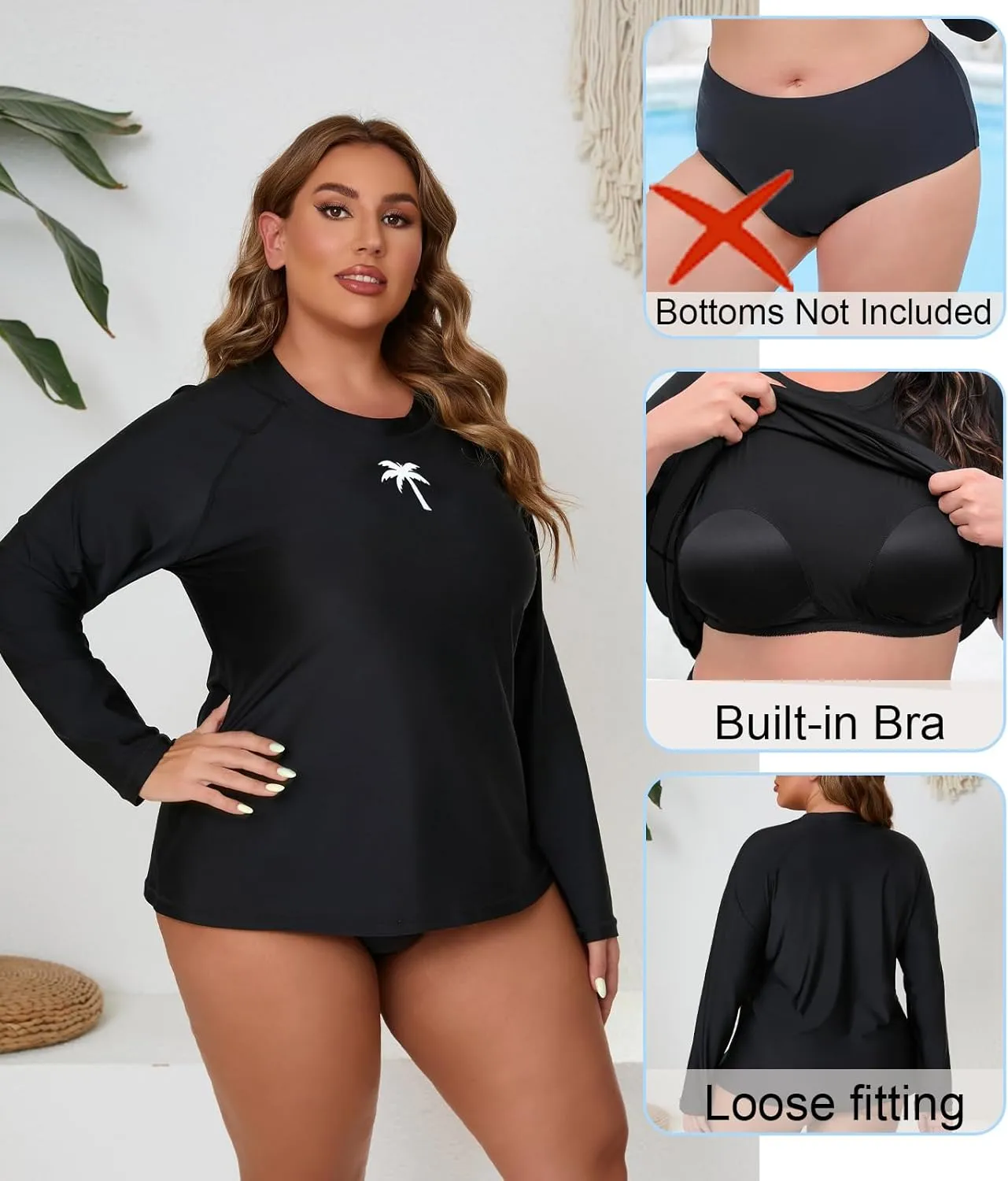 Halcurt Womens Plus Size Long Sleeve Rash Guard Swim Top with Built in Bra Loose Fit UPF50  Sun Protection Swimsuit