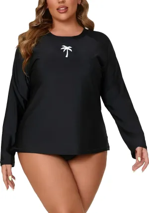 Halcurt Womens Plus Size Long Sleeve Rash Guard Swim Top with Built in Bra Loose Fit UPF50  Sun Protection Swimsuit