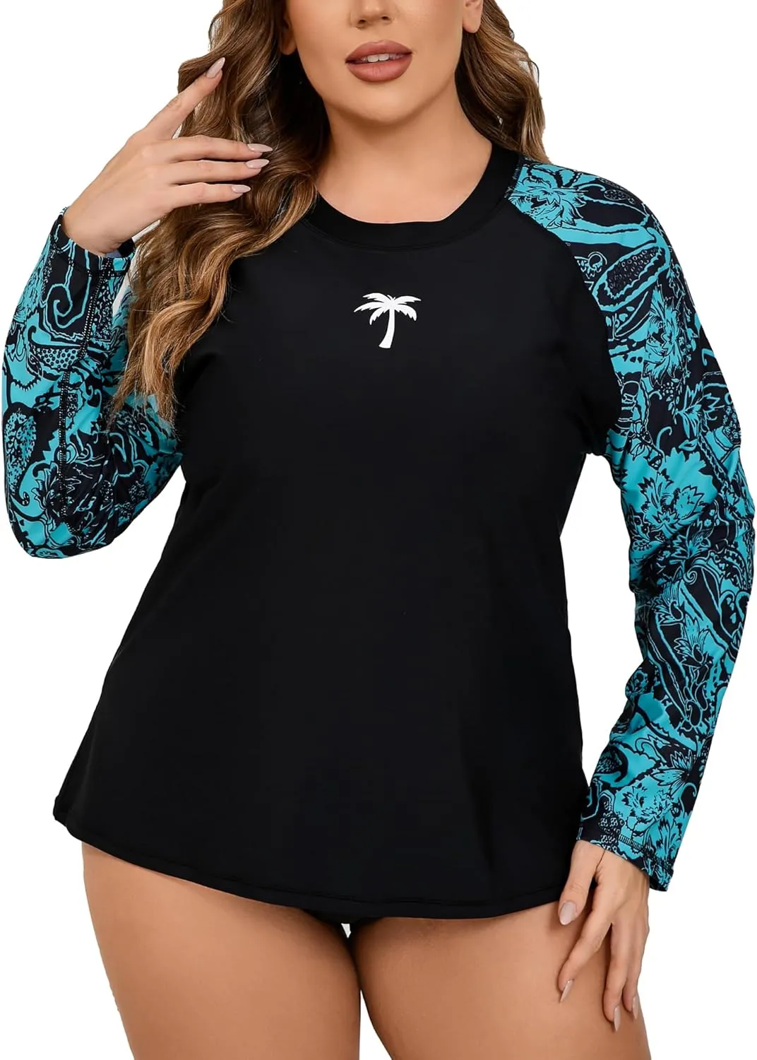 Halcurt Womens Plus Size Long Sleeve Rash Guard Swim Top with Built in Bra Loose Fit UPF50  Sun Protection Swimsuit