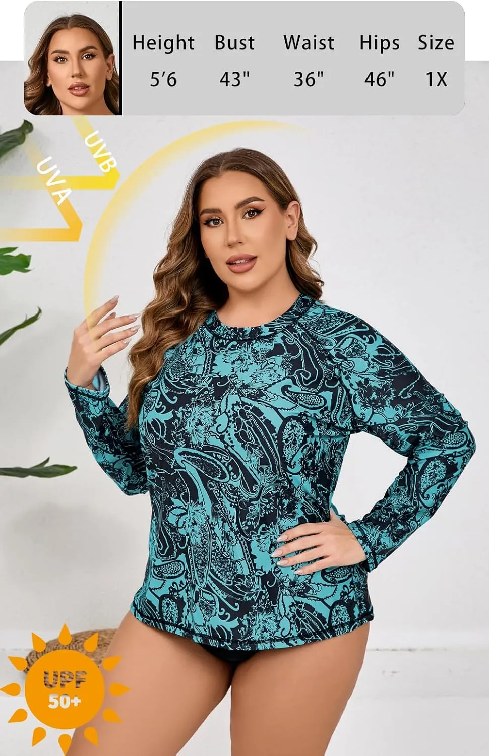 Halcurt Womens Plus Size Long Sleeve Rash Guard Swim Top with Built in Bra Loose Fit UPF50  Sun Protection Swimsuit