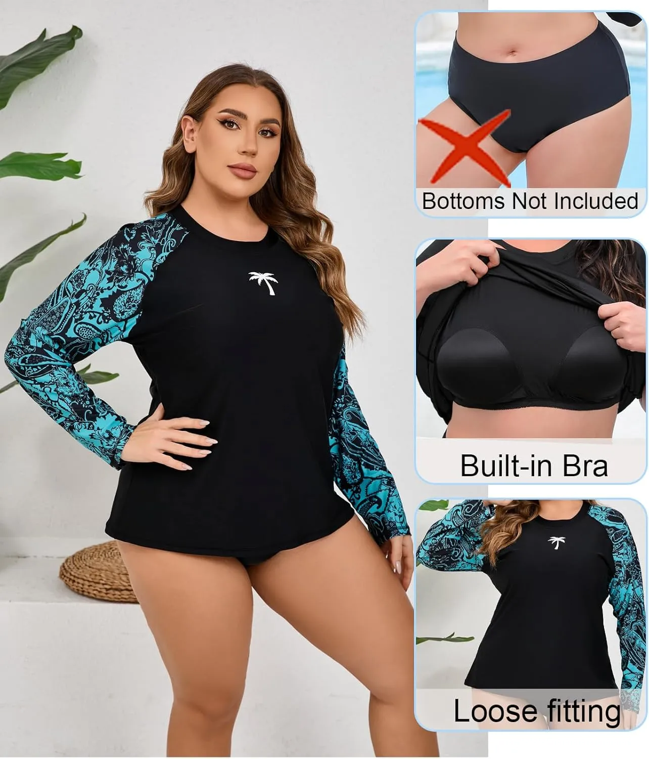 Halcurt Womens Plus Size Long Sleeve Rash Guard Swim Top with Built in Bra Loose Fit UPF50  Sun Protection Swimsuit