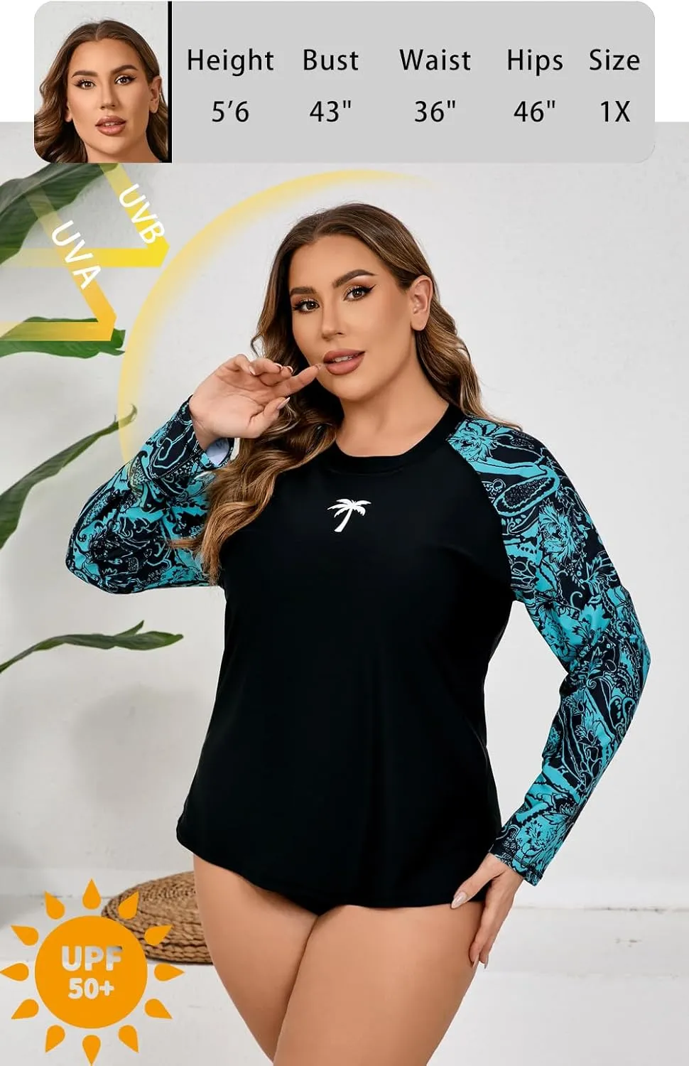 Halcurt Womens Plus Size Long Sleeve Rash Guard Swim Top with Built in Bra Loose Fit UPF50  Sun Protection Swimsuit