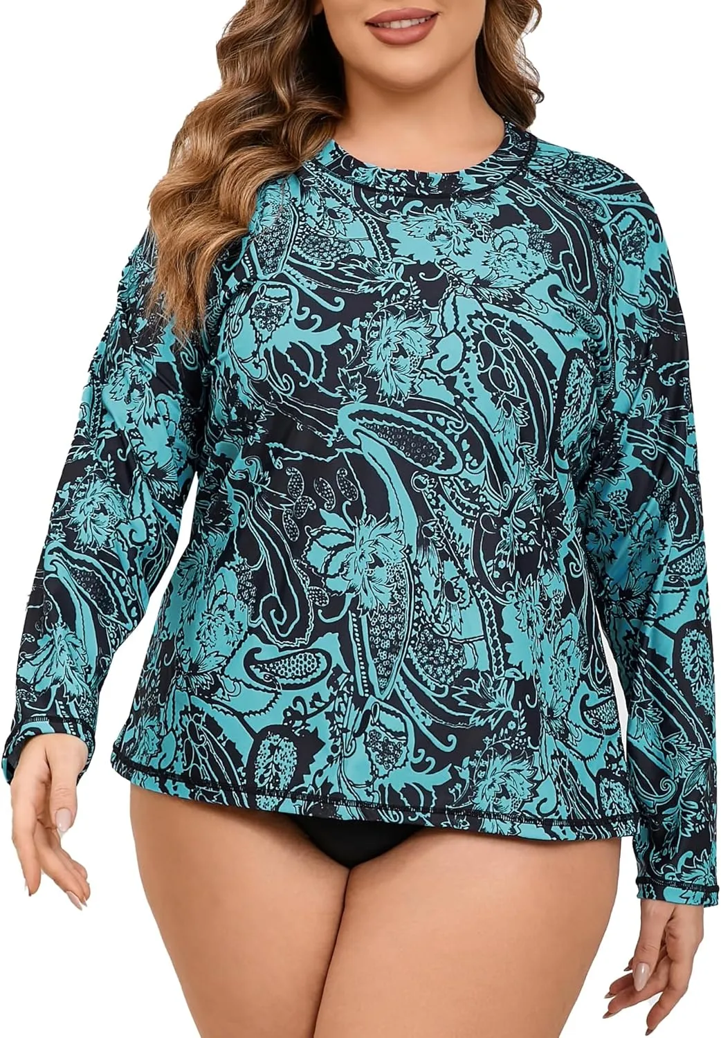 Halcurt Womens Plus Size Long Sleeve Rash Guard Swim Top with Built in Bra Loose Fit UPF50  Sun Protection Swimsuit