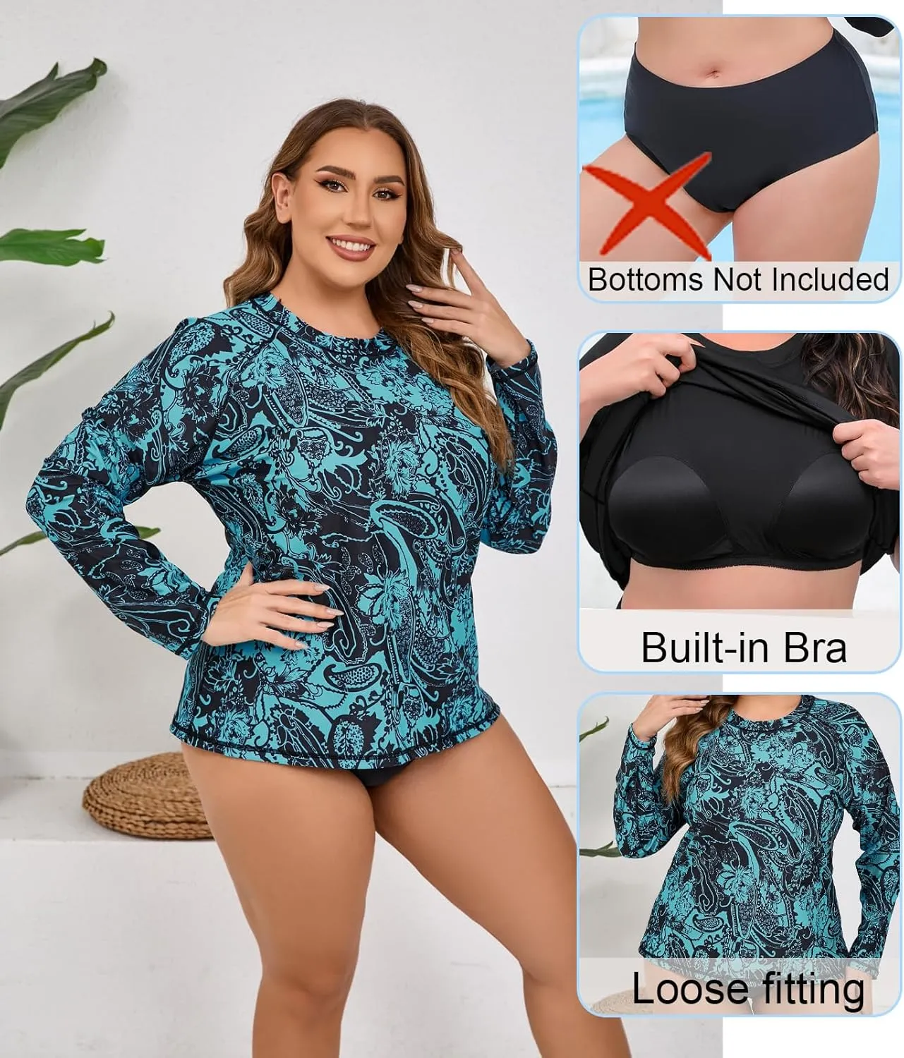 Halcurt Womens Plus Size Long Sleeve Rash Guard Swim Top with Built in Bra Loose Fit UPF50  Sun Protection Swimsuit