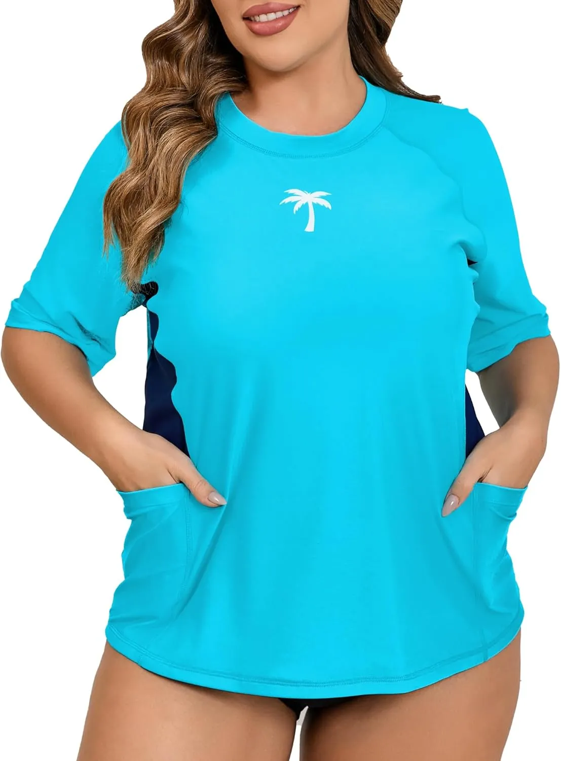Halcurt Women's Plus Size Short Sleeve Rash Guard Top with Built in Bra Side Pockets UPF50  Swim Shirts