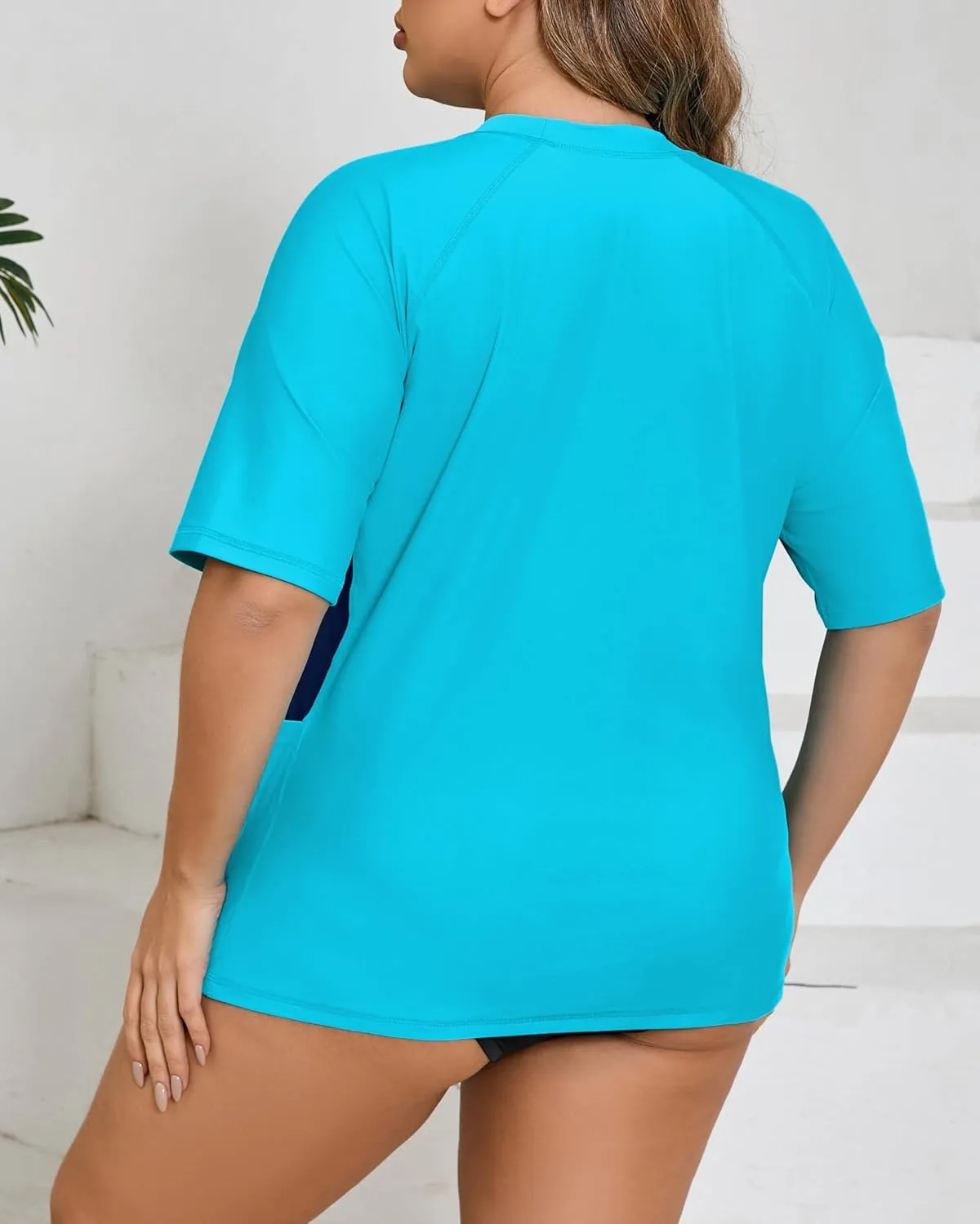 Halcurt Women's Plus Size Short Sleeve Rash Guard Top with Built in Bra Side Pockets UPF50  Swim Shirts