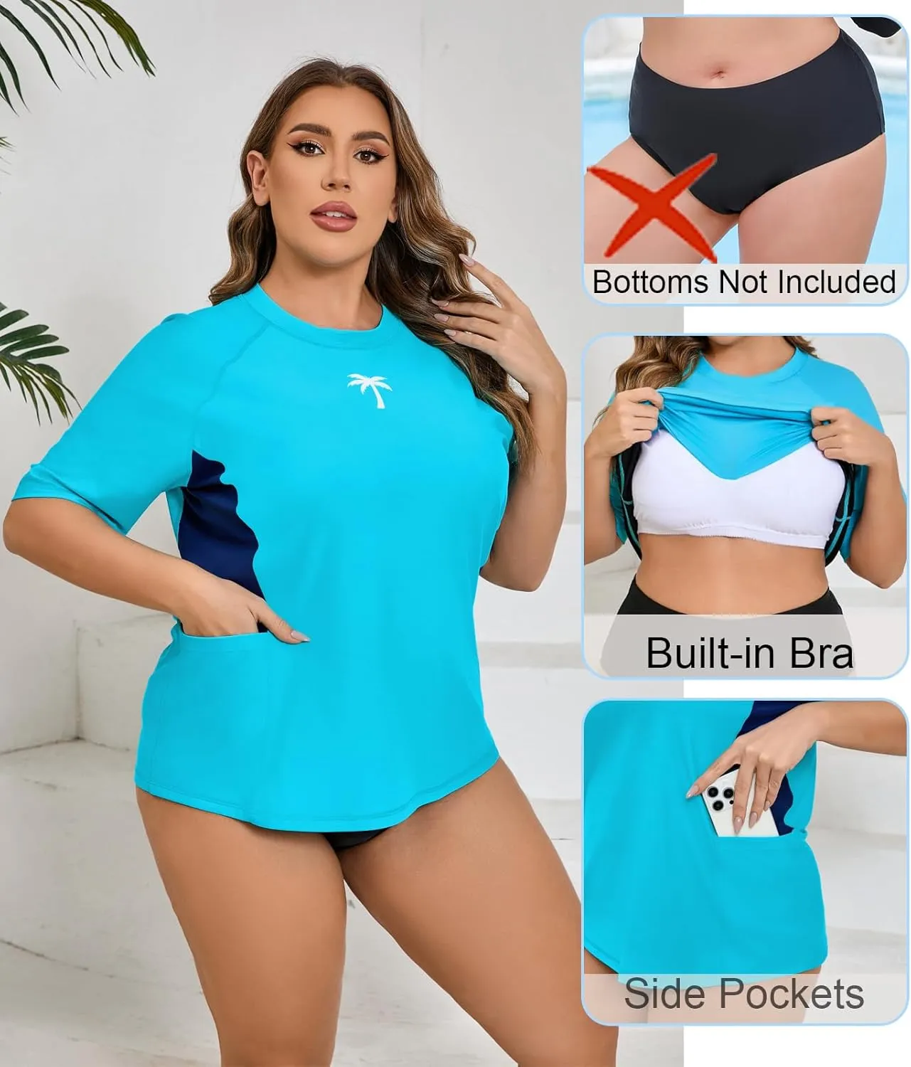 Halcurt Women's Plus Size Short Sleeve Rash Guard Top with Built in Bra Side Pockets UPF50  Swim Shirts
