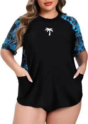 Halcurt Women's Plus Size Short Sleeve Rash Guard Top with Built in Bra Side Pockets UPF50  Swim Shirts