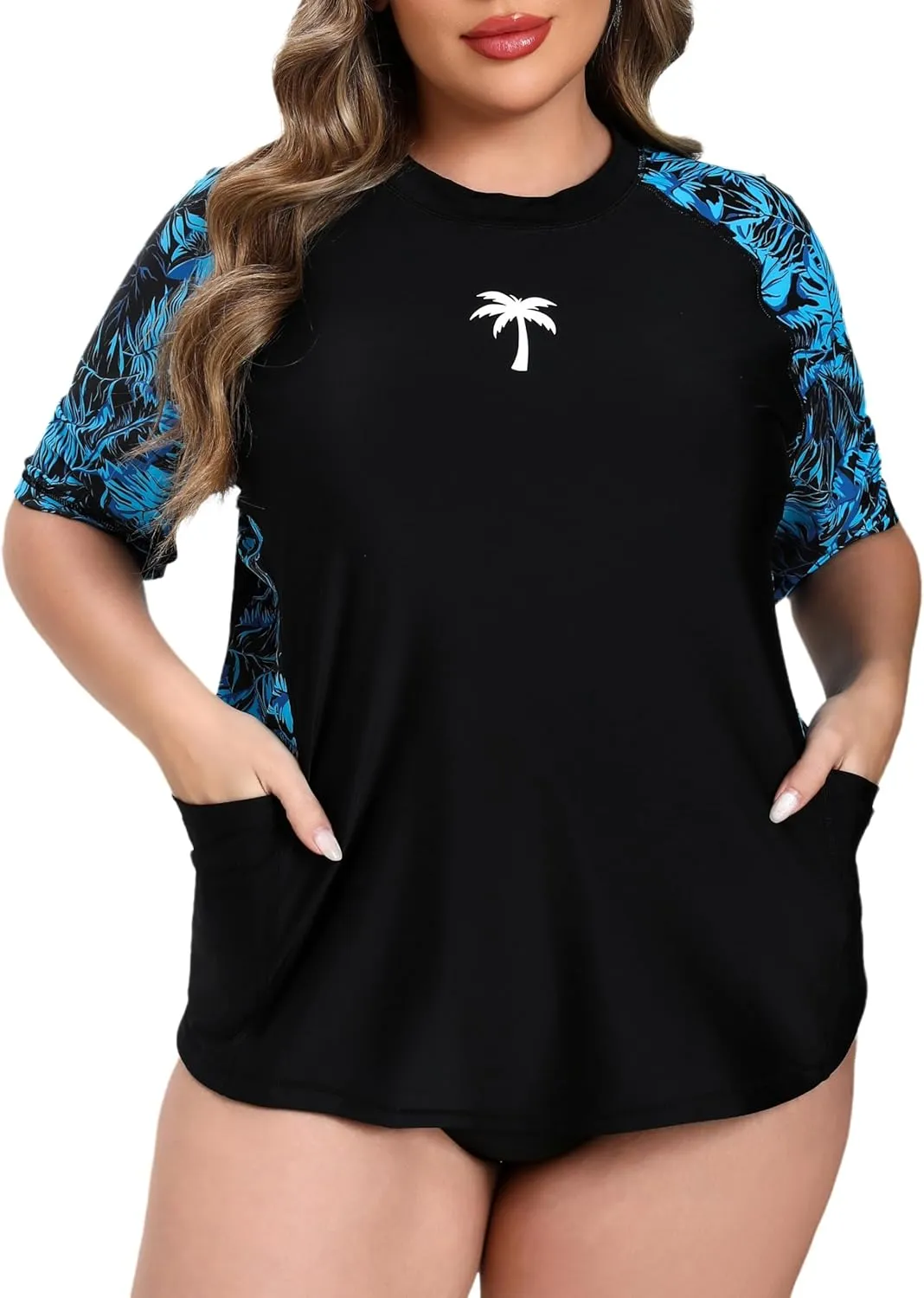 Halcurt Women's Plus Size Short Sleeve Rash Guard Top with Built in Bra Side Pockets UPF50  Swim Shirts