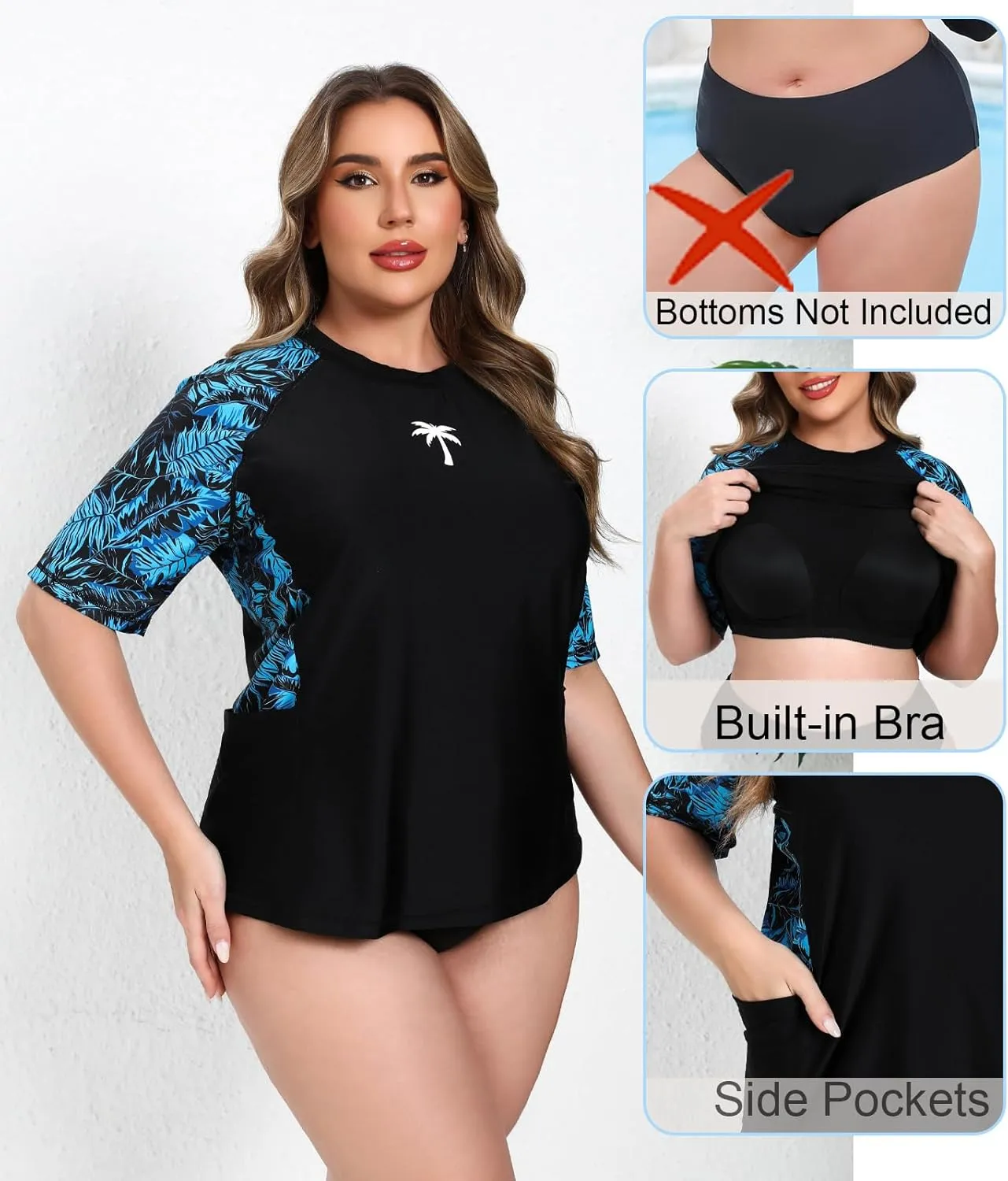 Halcurt Women's Plus Size Short Sleeve Rash Guard Top with Built in Bra Side Pockets UPF50  Swim Shirts