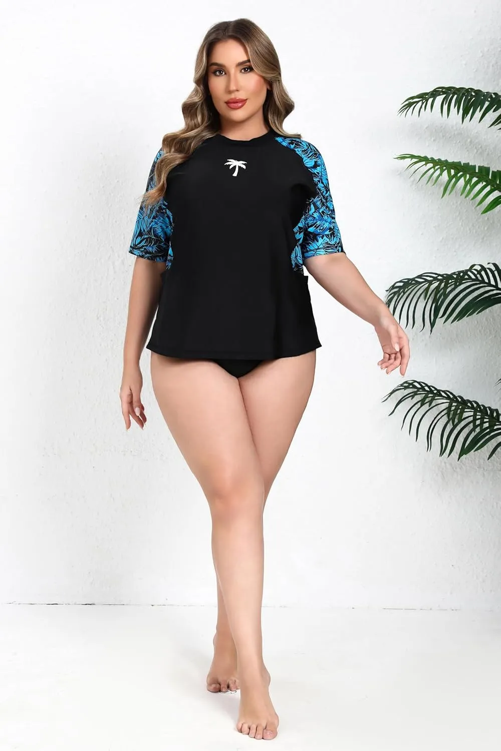 Halcurt Women's Plus Size Short Sleeve Rash Guard Top with Built in Bra Side Pockets UPF50  Swim Shirts