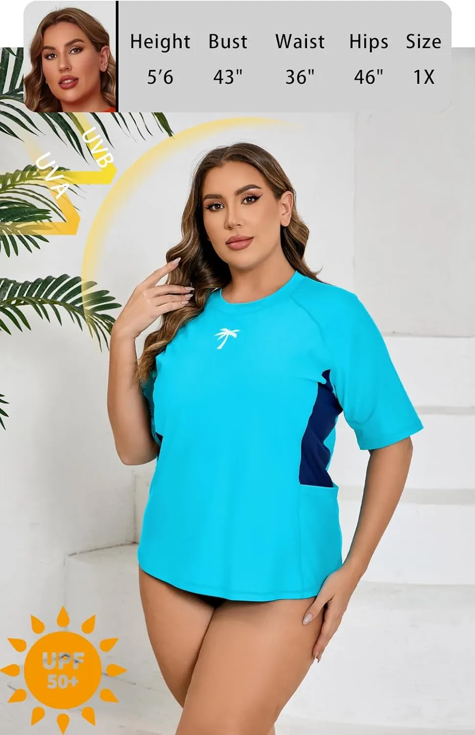 Halcurt Women's Plus Size Short Sleeve Rash Guard Top with Built in Bra Side Pockets UPF50  Swim Shirts