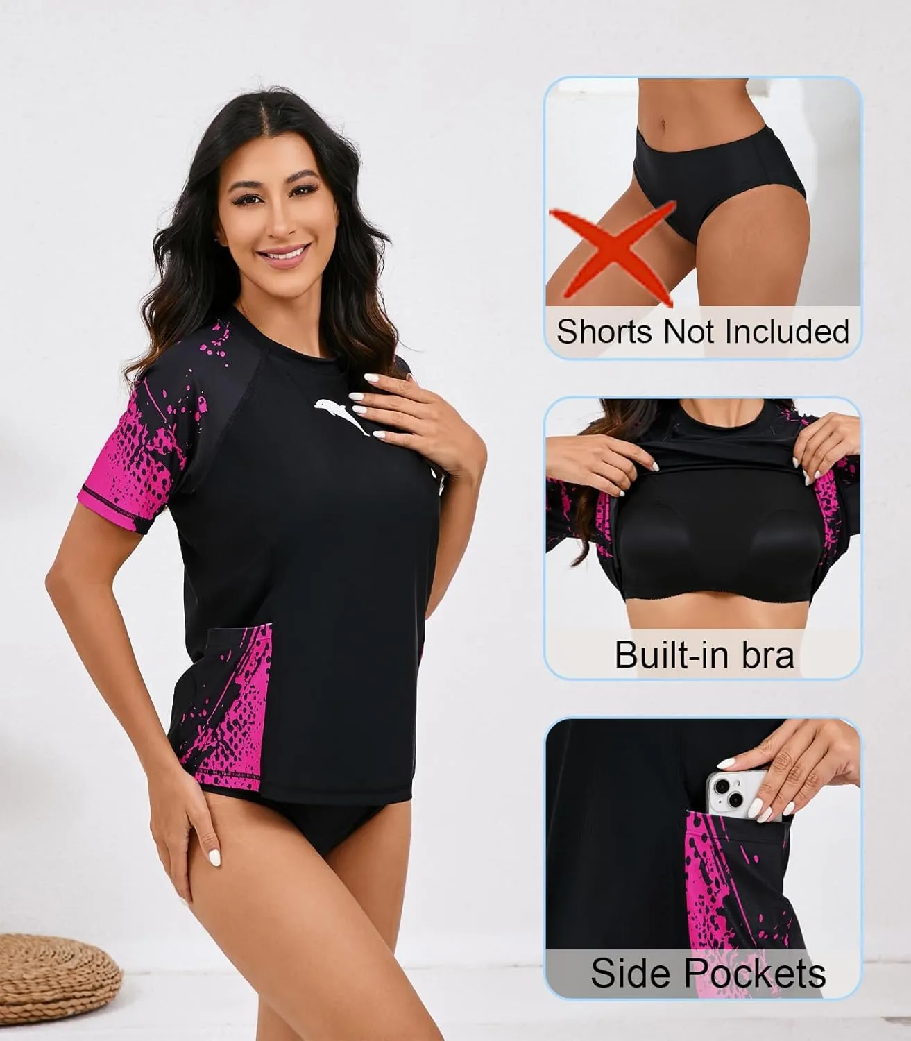 Halcurt Women's Short Sleeve Rash Guard Top with Built in Bra Side Pockets Swim Shirts UPF50  Swimsuit